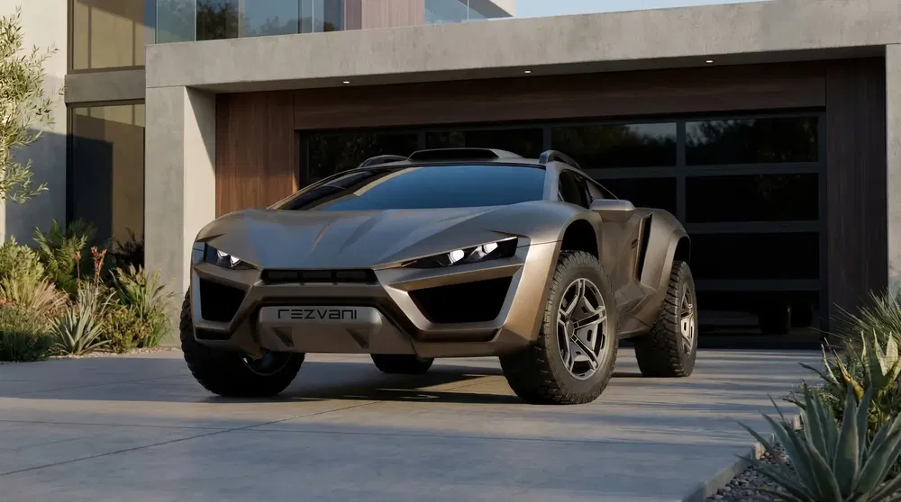 {"fr":"Rezvani Tank SUV robuste garé devant une maison moderne avec façade en verre.","nl":"Stoere Rezvani Tank SUV geparkeerd voor een modern huis met glazen gevel."}