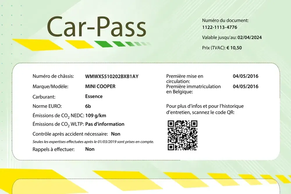 Certificat Car-Pass pour Mini Cooper Essence avec EURO 6b, émissions CO2: 109 g/km.