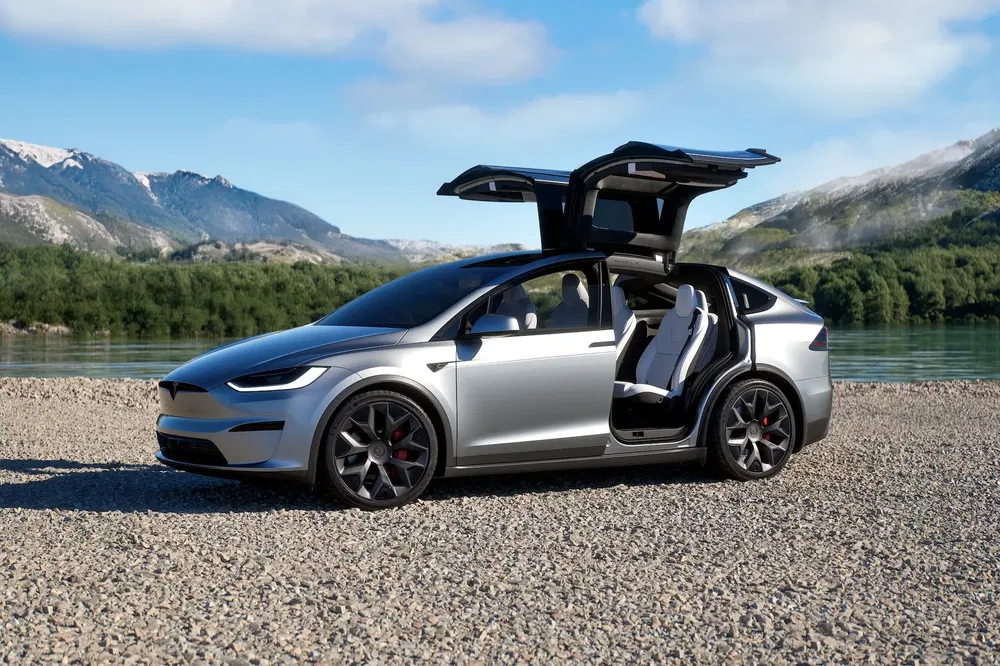 Tesla Model X met open deuren tegen een schilderachtige bergachtige achtergrond.