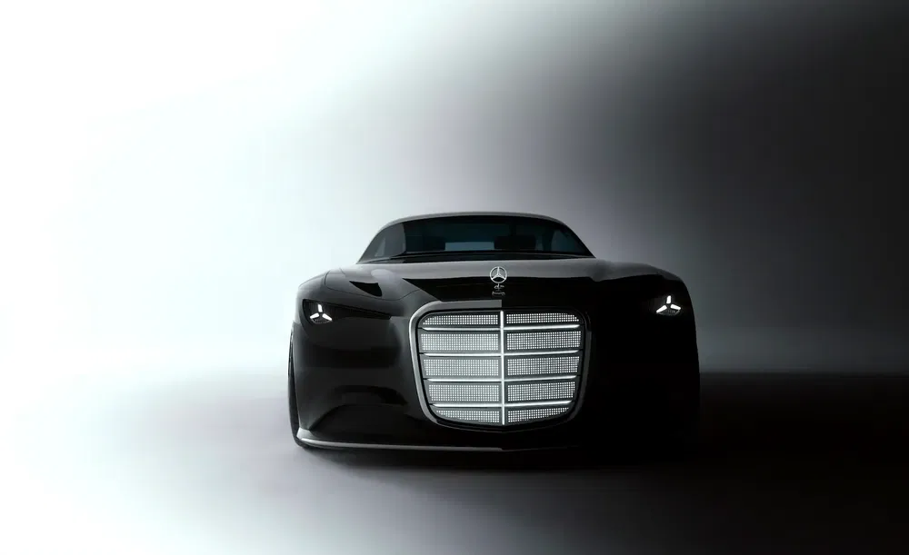 Zwarte luxe Mercedes-Benz auto met opvallende grille, minimalistische verlichting op donkere achtergrond.