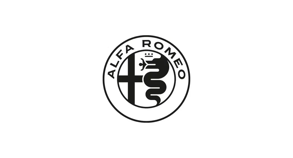 Logo noir et blanc emblématique d'Alfa Romeo avec serpent et croix distinctive.