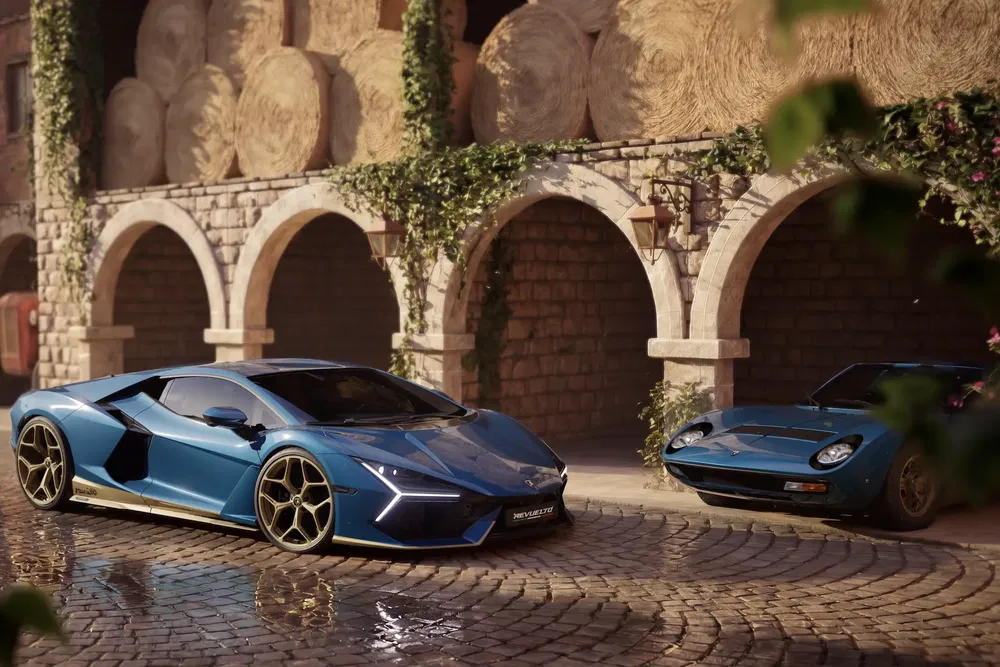 Deux Lamborghini, une Revuelto bleue et une classique, garées devant une cour en pierre.