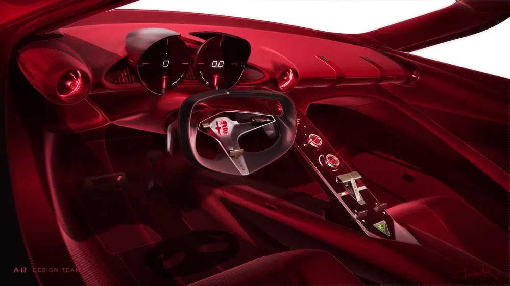 Intérieur futuriste d'une voiture Alfa Romeo, design rouge et noir avec tableau de bord numérique.