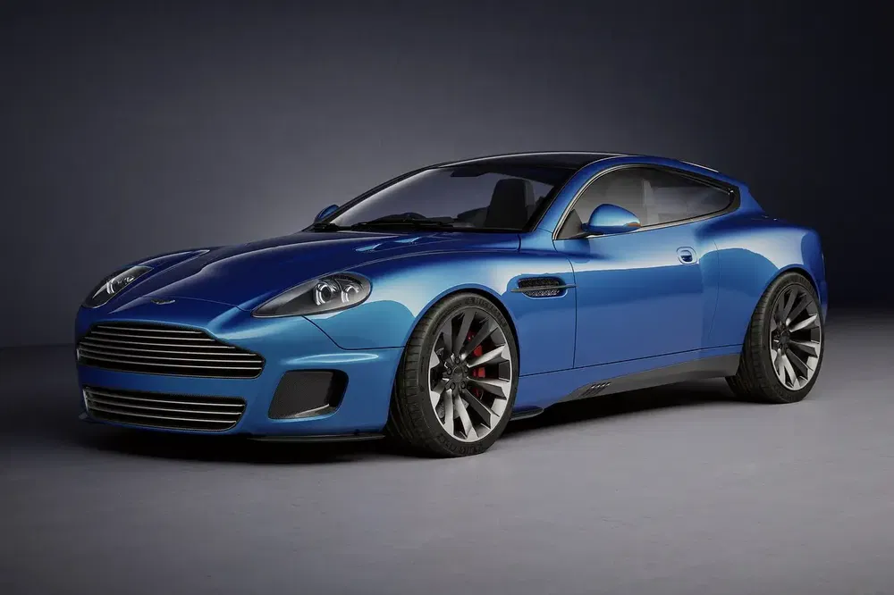 Aston Martin bleu, design élégant, roues sportives, carrosserie moderne et raffinée.