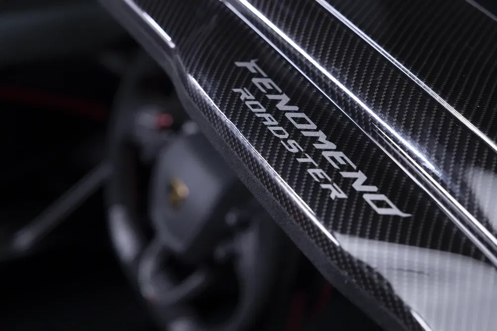 Interieurdetail met Fenomeno Roadster-logo op koolstofvezel dashboard.