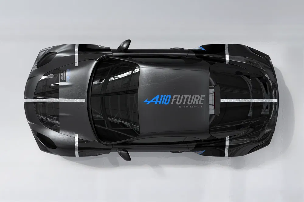 Vue aérienne de l'Alpine A110 Future, voiture de sport au design innovant et élégant.