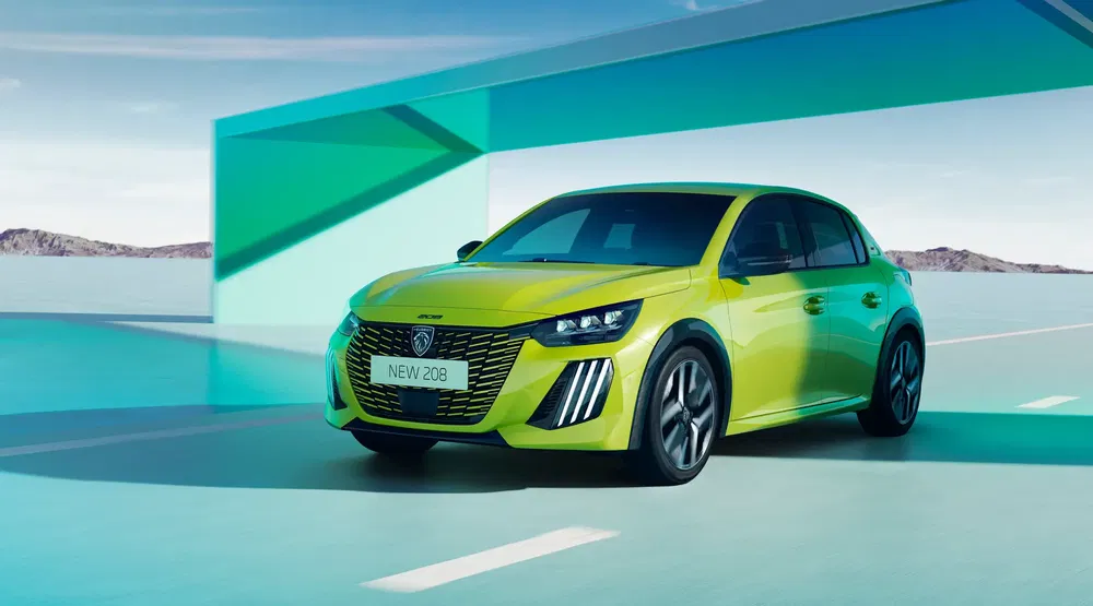 Peugeot 208 2023 groene elektrische auto op moderne achtergrond, dynamische en elegante stijl.