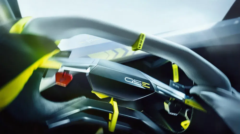 Futuristisch stuurwiel van DS E-Tense conceptauto, avant-gardistisch interieurontwerp.