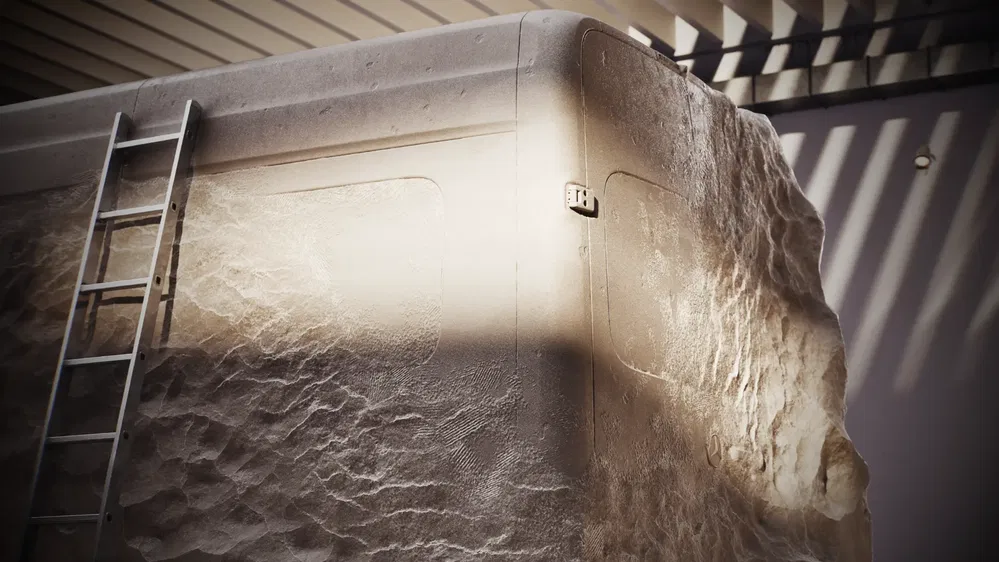 Concept de van couvert de neige dans un garage moderne, échelle d'accès latérale.