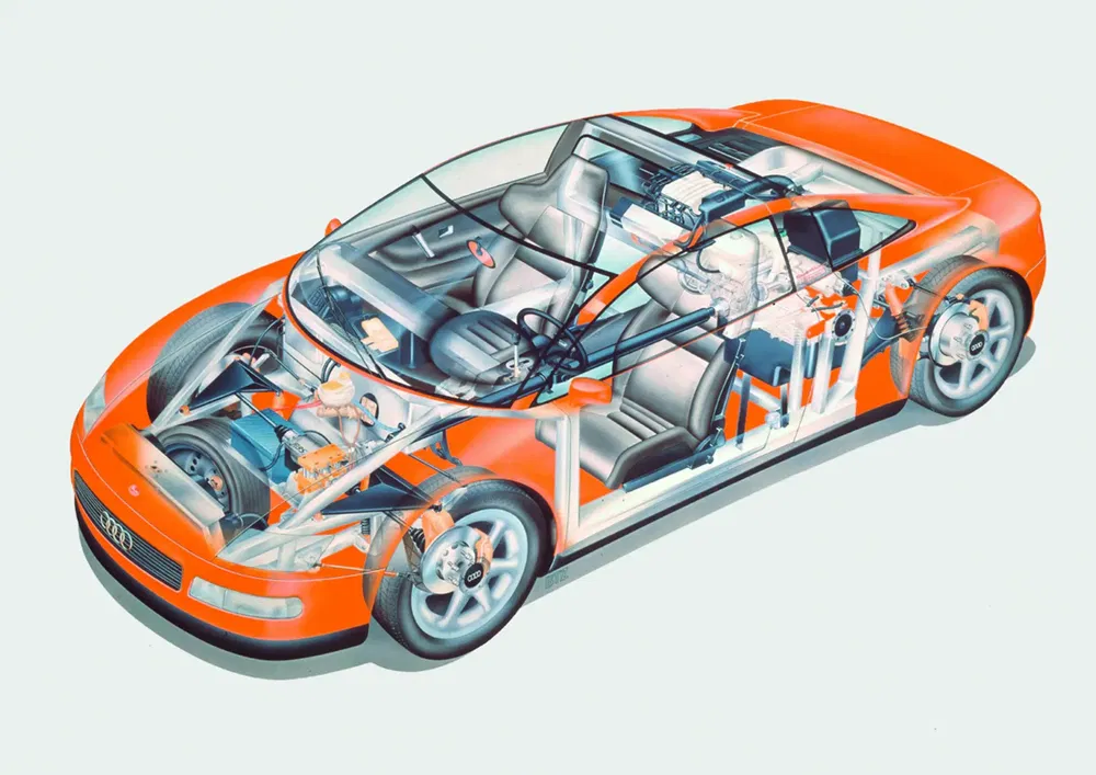 Gedetailleerde doorsnede illustratie van een Audi sportwagen, met motor en technisch interieur.