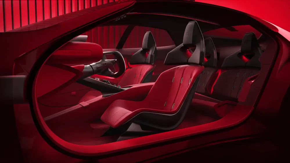 Intérieur futuriste de voiture avec sièges sport en cuir rouge et design élégant.