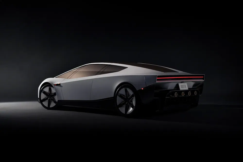 Concept car Lotus futuriste, arrière élégant et lignes aérodynamiques dans un studio sombre.