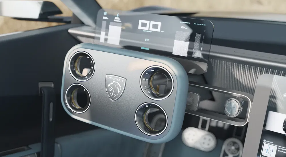 Intérieur de voiture Peugeot concept avec affichage numérique futuriste et tableau de bord innovant.