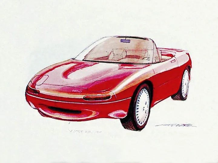 Illustration d'une Mazda MX-5 rouge, décapotable, stylisée et futuriste.