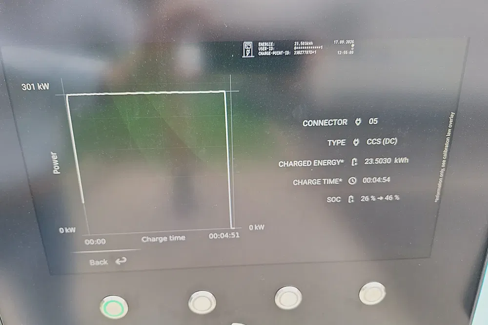 Écran de borne de recharge électrique montrant 23,530 kWh chargés en 4 min 51 s.