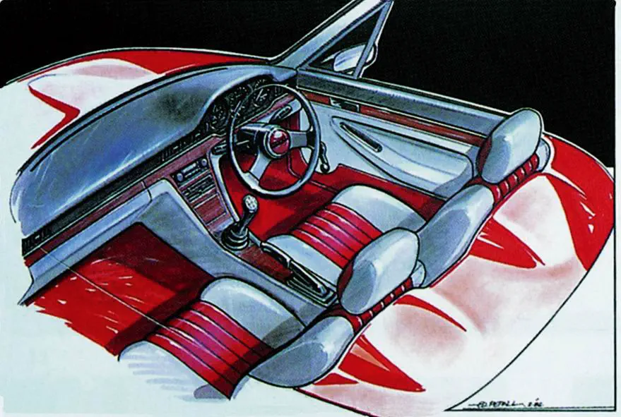 Illustration de l'intérieur rouge et blanc d'une Lancia Delta, volant sport et sièges rayés.