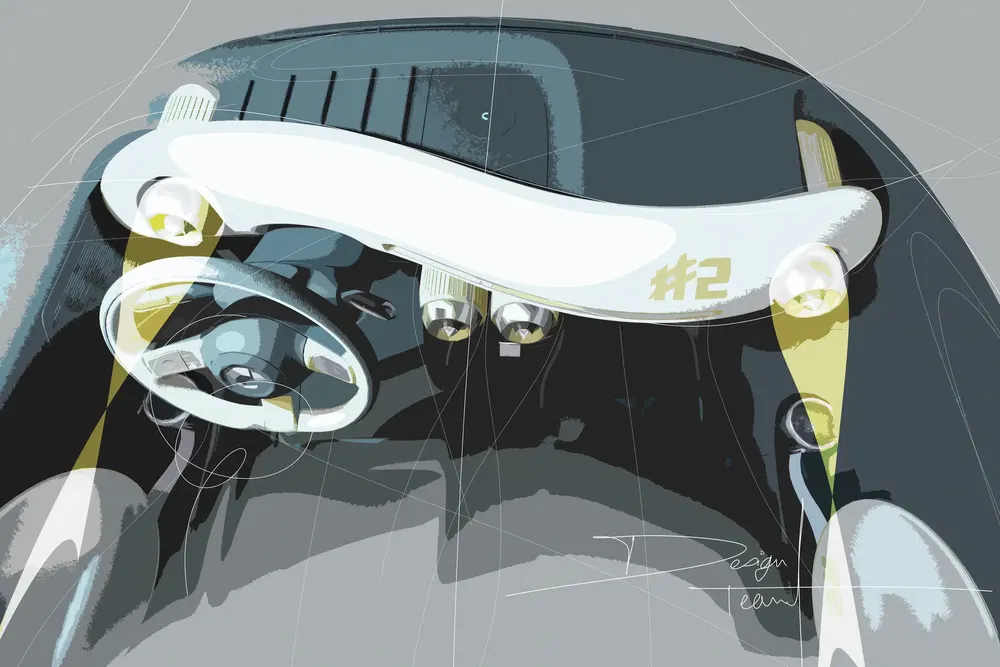 Illustration stylisée d'un habitacle de voiture classique avec volant rétro et détails jaunes.