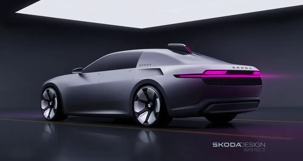 Škoda Vision GT conceptauto met futuristisch design en moderne roze LED-achterlichten.