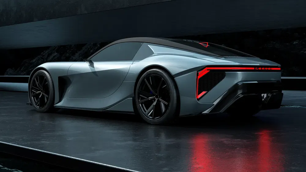 Futuristische sportauto met stijlvolle LED-verlichting in een industriële achtergrond.