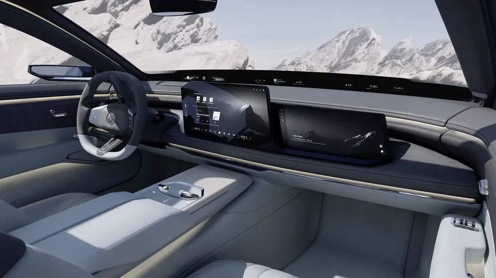 Intérieur futuriste d'une voiture électrique Volkswagen, volant moderne et écrans numériques avancés.
