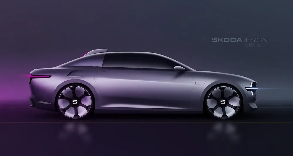 Conceptauto illustratie van Skoda met aerodynamisch ontwerp en opvallende lichtmetalen velgen.
