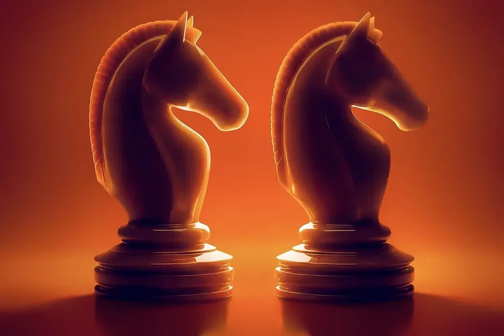 Deux cavaliers d'échecs sculptés, éclairage dramatique, créant une ambiance intense et stratégique.