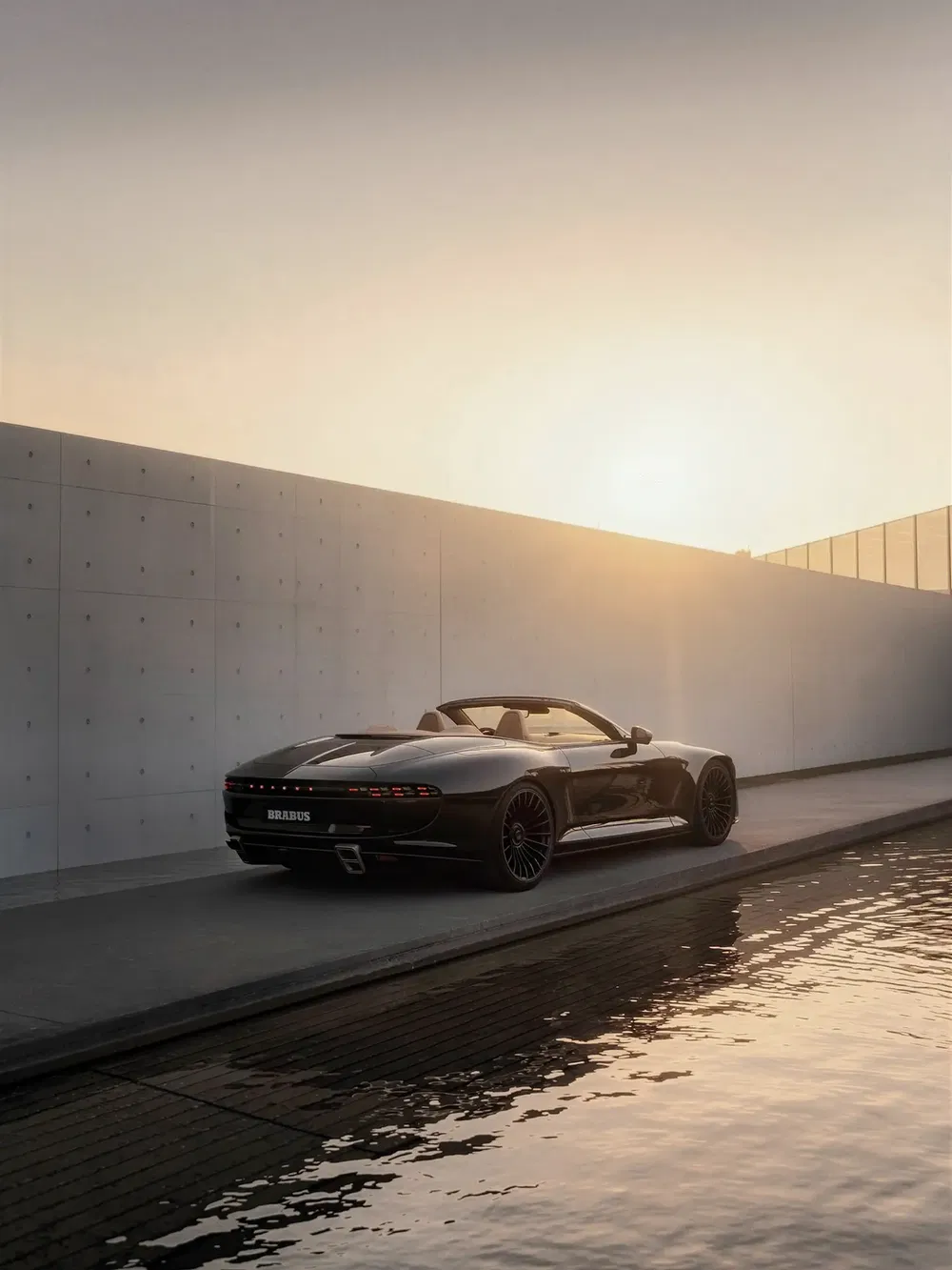 Cabriolet Brabus noir au crépuscule près d'un canal urbain, design moderne épuré.