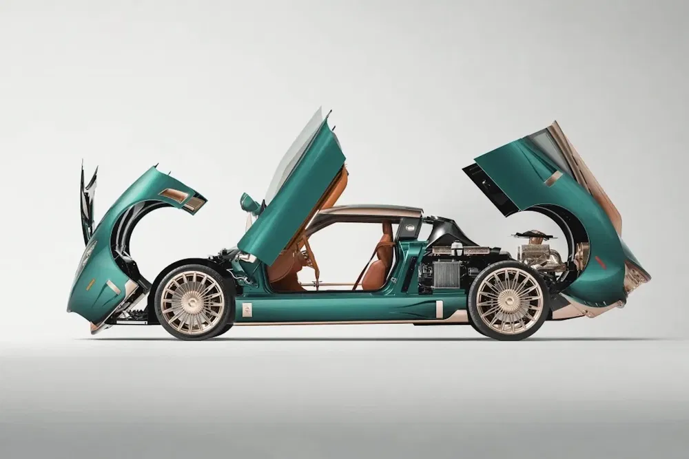 Voiture de sport Pagani avec portes et capots ouverts, exposant l'intérieur et le moteur.