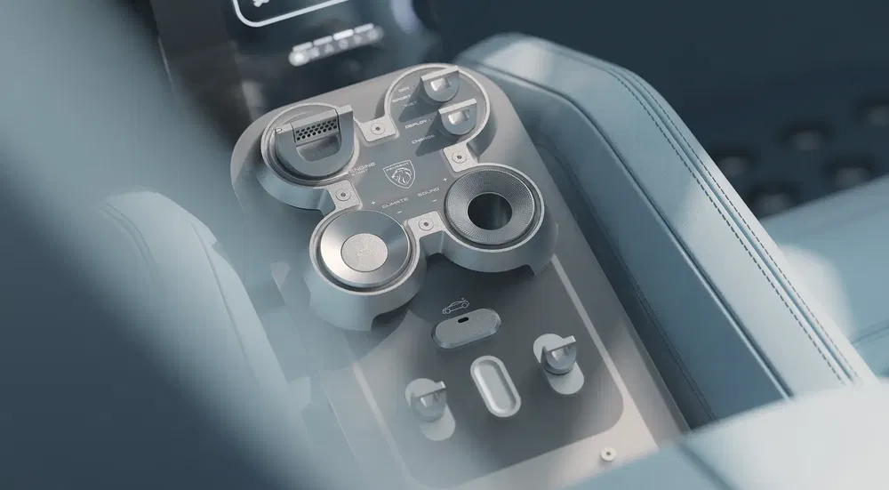 Console centrale de voiture Peugeot avec commandes modernes et design futuriste.