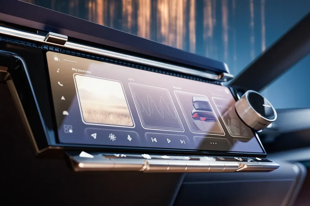 Digitale auto-dashboardinterface met moderne touchscreen en draaiknop.