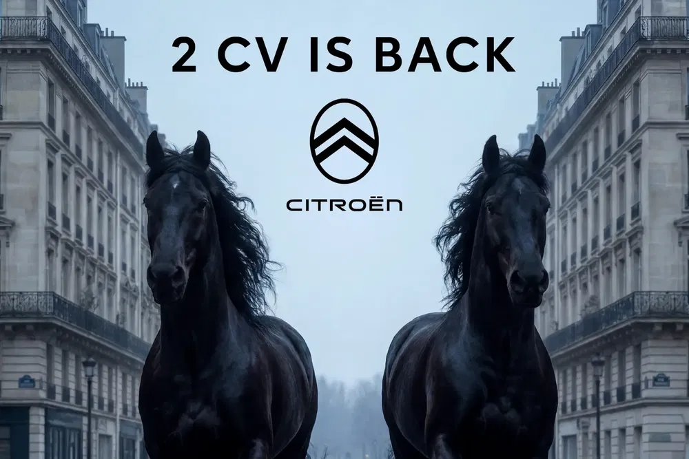 Deux chevaux noirs devant des bâtiments, texte '2 CV is back', logo Citroën affiché.