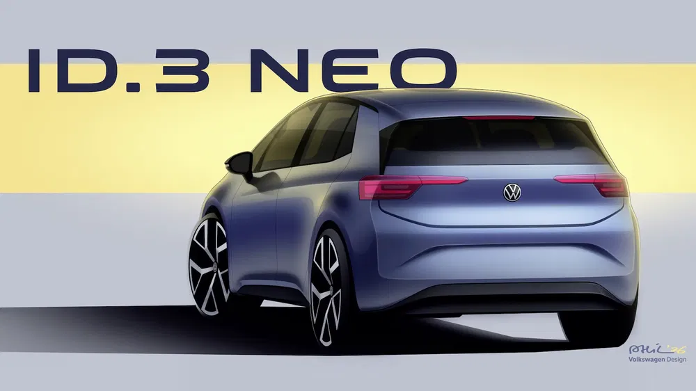 Illustratie van de Volkswagen ID.3 Neo met modern ontwerp en kenmerkende velgen.