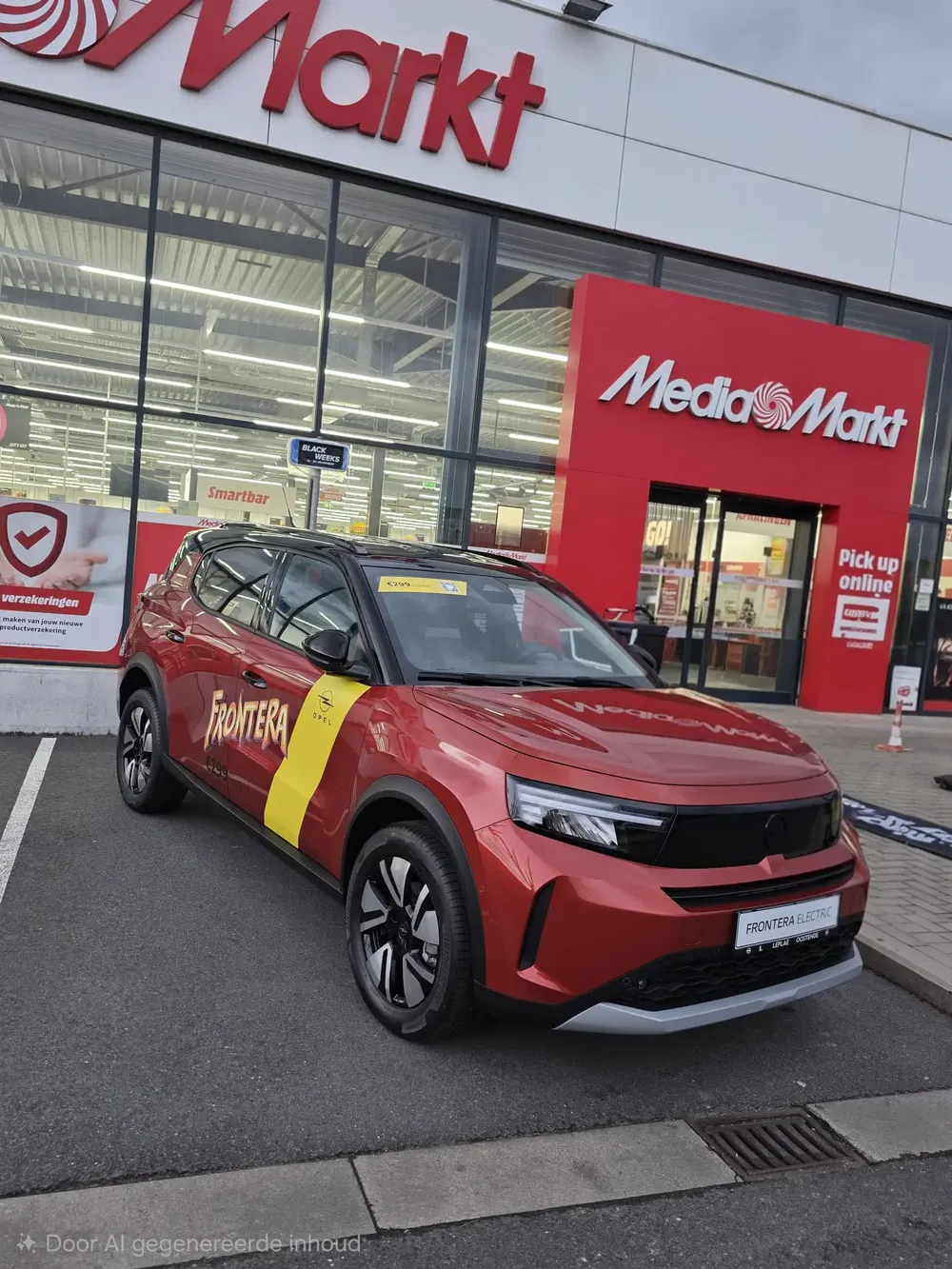 Opel Frontera électrique rouge garée devant un magasin MediaMarkt moderne.