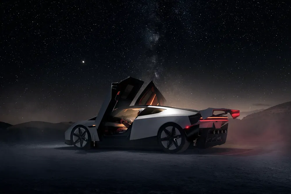 Voiture de sport futuriste sous un ciel étoilé, portes en élytre ouvertes.