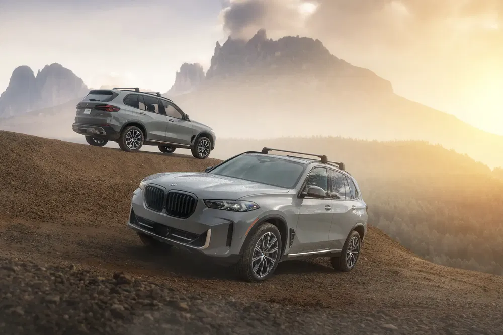 Deux BMW X5 argentées sur une colline avec un paysage montagneux en arrière-plan.