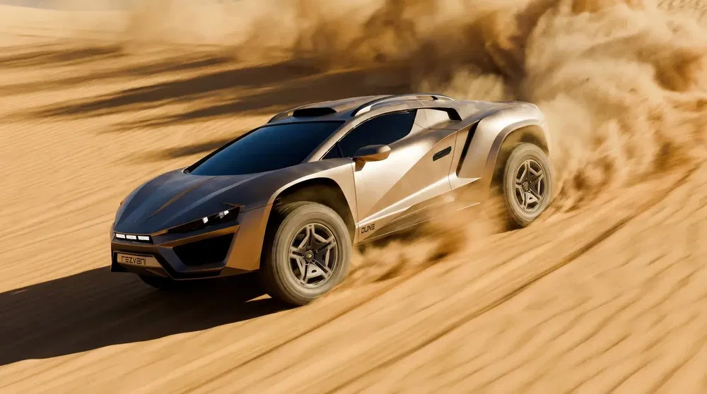 Voiture supercar moderne Drakuma traversant les dunes de sable avec puissance.