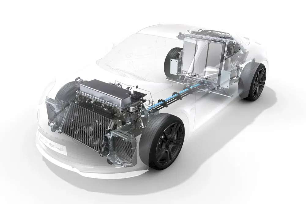Illustration d'un véhicule électrique montrant les composants internes et le train de propulsion.