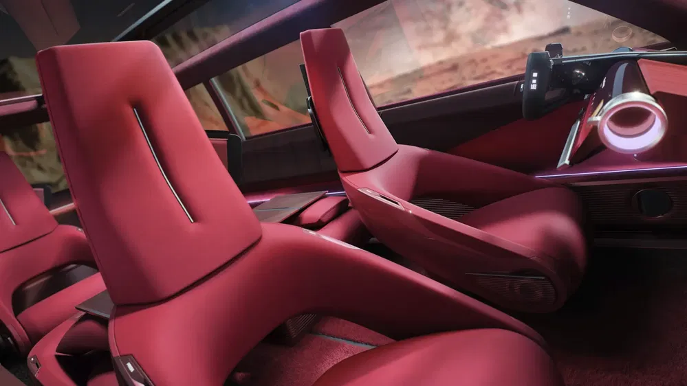 Intérieur futuriste de voiture concept avec sièges rouges et tableau de bord innovant.