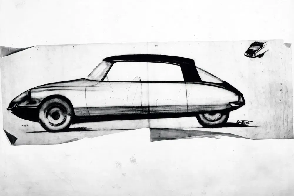 Illustration conceptuelle de la Citroën DS classique, montrant son design aérodynamique emblématique.
