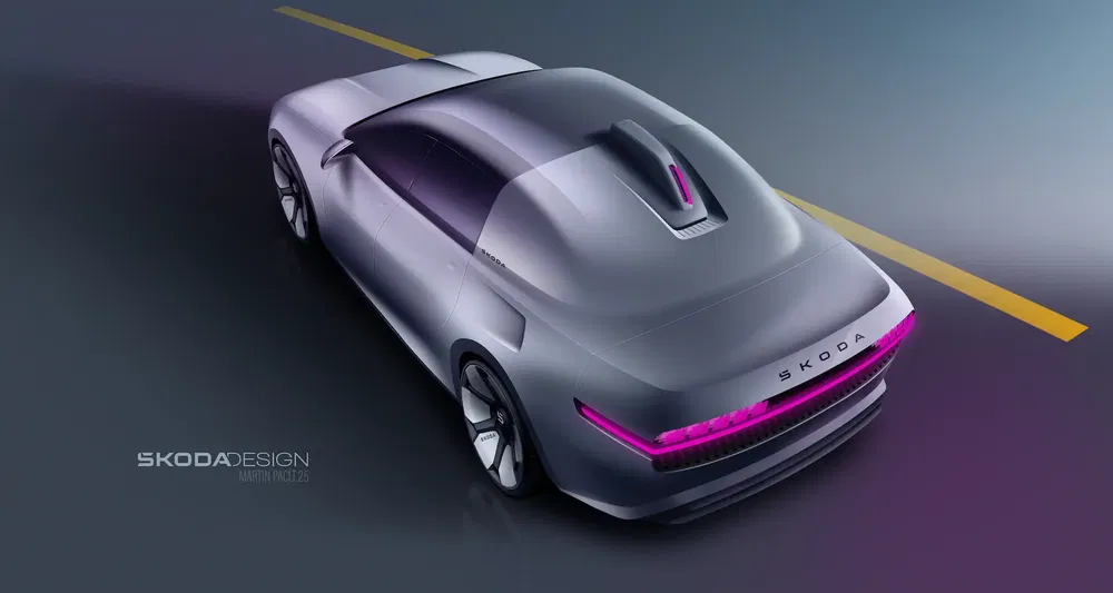 Conceptauto Skoda Vision 10-25, achteraanzicht, futuristisch ontwerp met roze LED-verlichting.