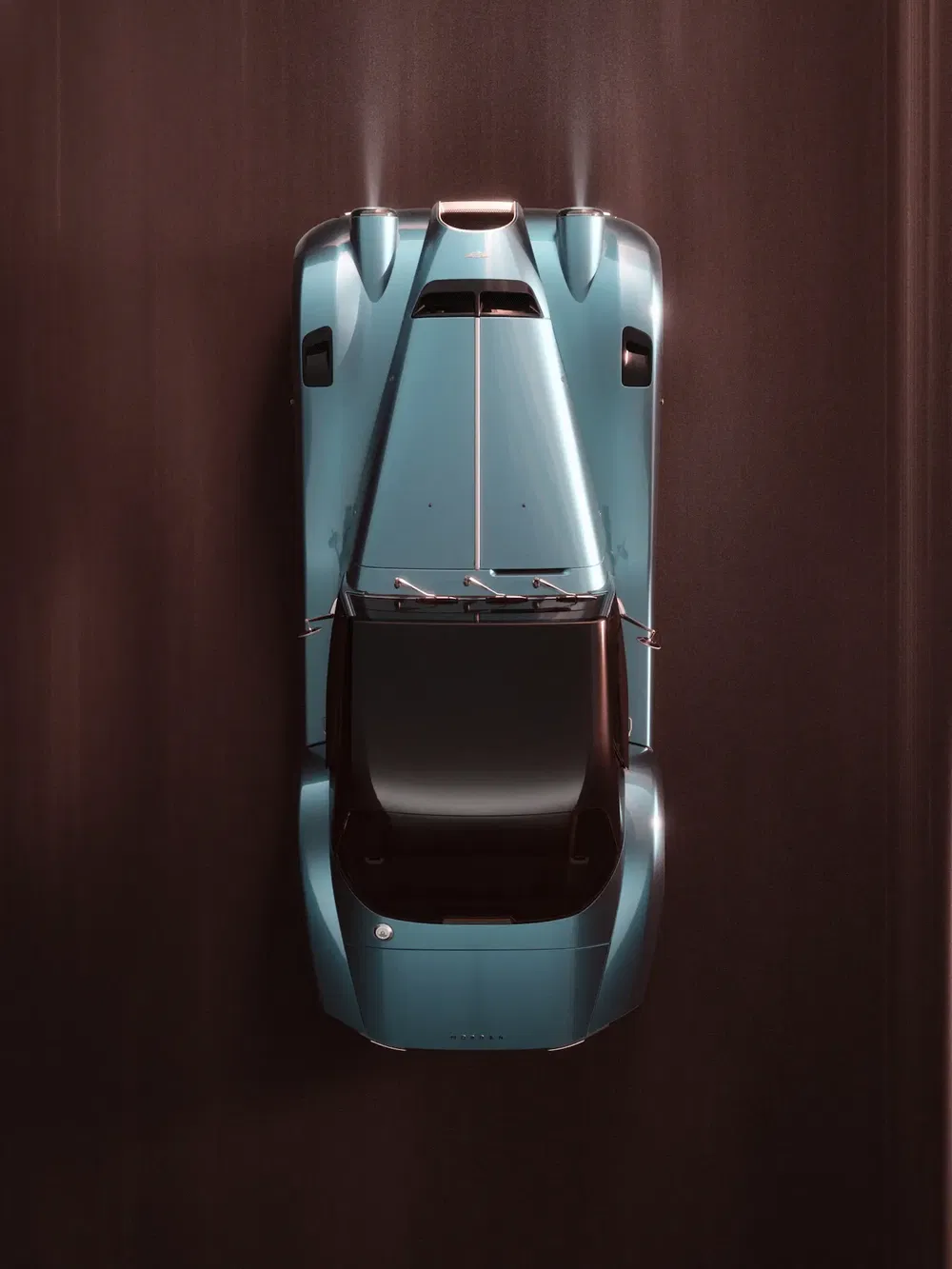 Vue aérienne de la Tesla Roadster bleue montrant son design aérodynamique et élégant.