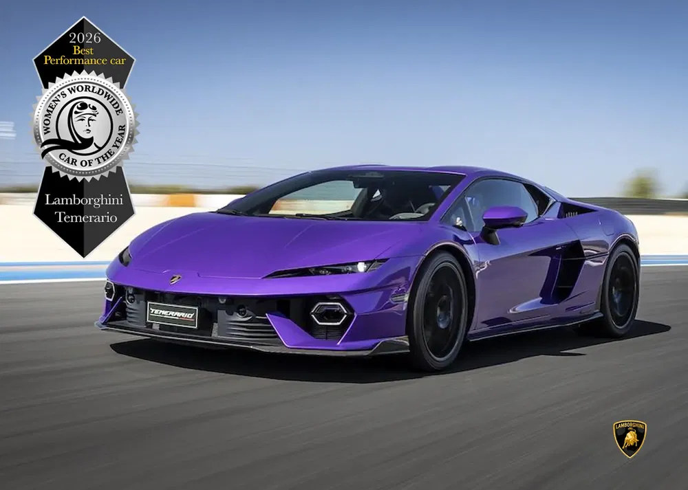 Paarse Lamborghini Temeraio op circuit, bekroond als beste prestatieauto 2026.