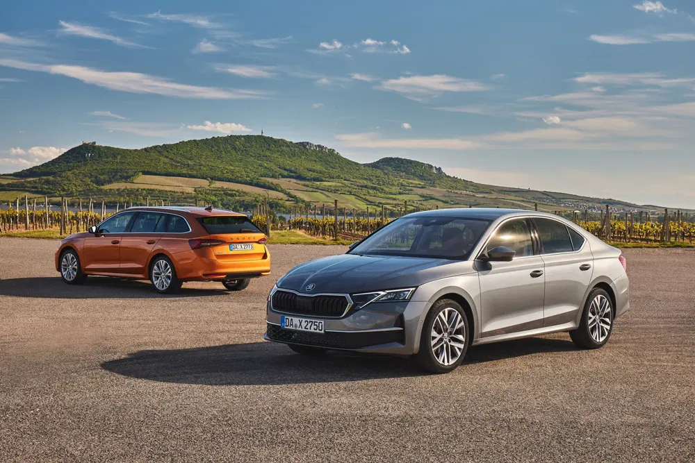 Deux voitures Škoda modernes stationnées avec paysage de vignoble en arrière-plan.