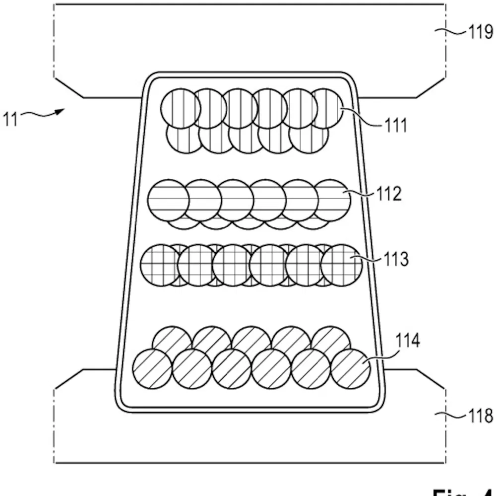 Illustration technique d'un plateau de rangement avec plusieurs rangées d'emplacements circulaires.