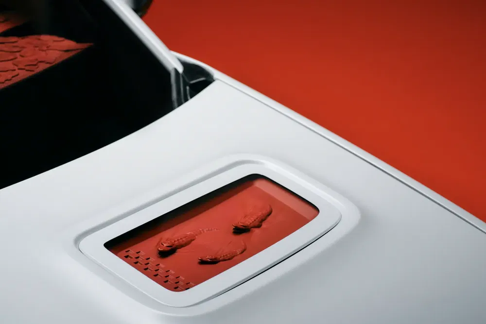 {"fr":"Détail du capot d'une voiture blanche avec motif de poissons rouges sur fond rouge.","nl":"Detail van de motorkap van een witte auto met rode vissen op rode achtergrond."}