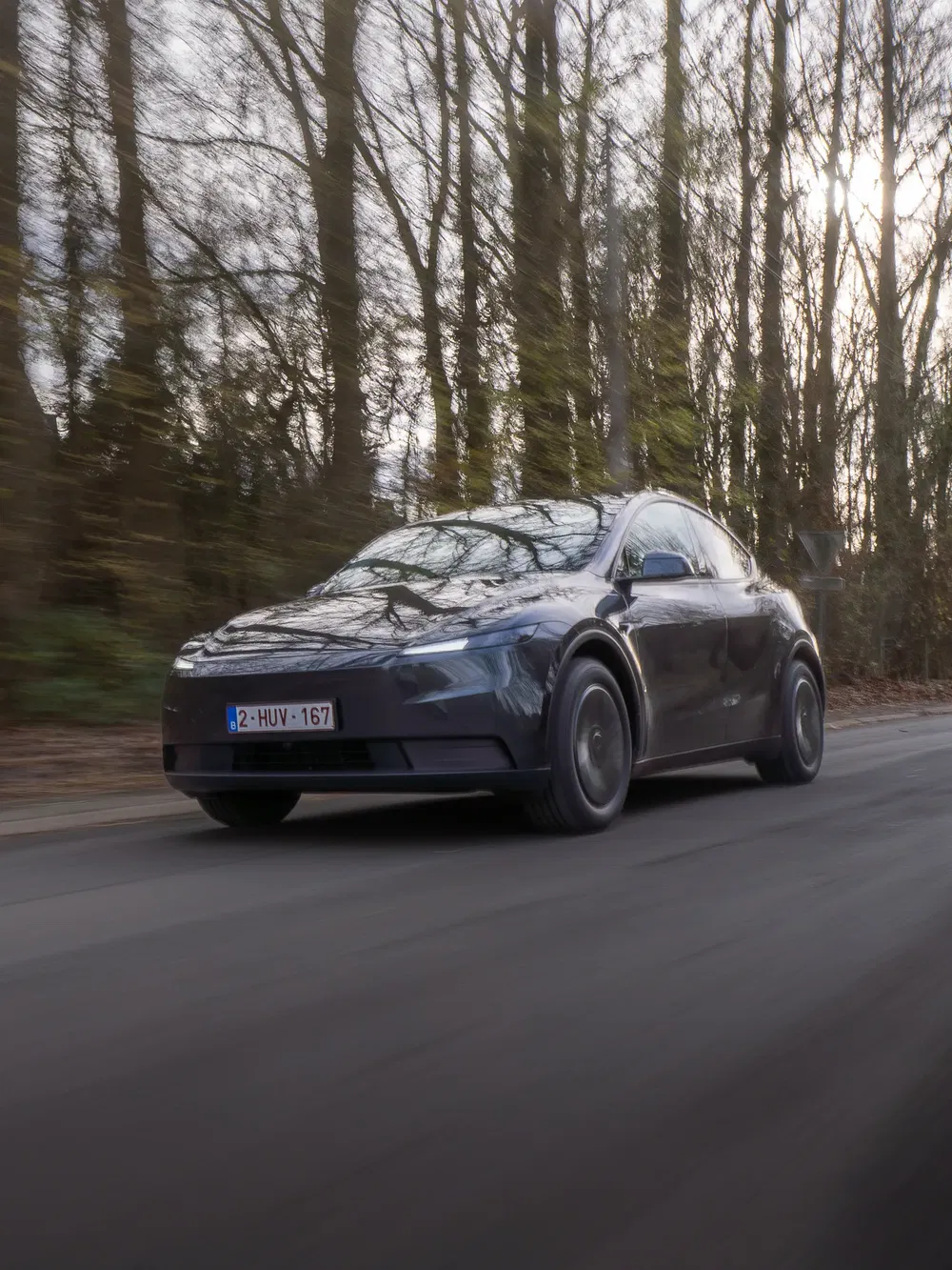 Zwarte Tesla Model Y rijdt op een bosweg, gefilterd daglicht.