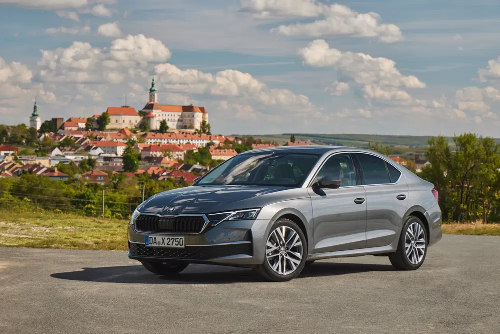 Skoda Octavia grise avec vue panoramique sur village pittoresque en arrière-plan.