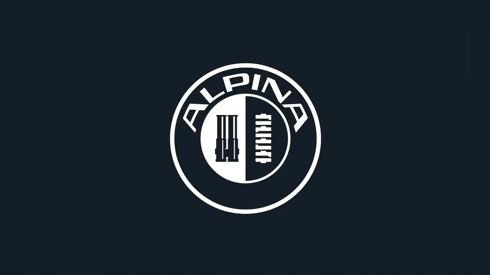 Logo de la marque automobile Alpina, design minimaliste sur fond sombre.