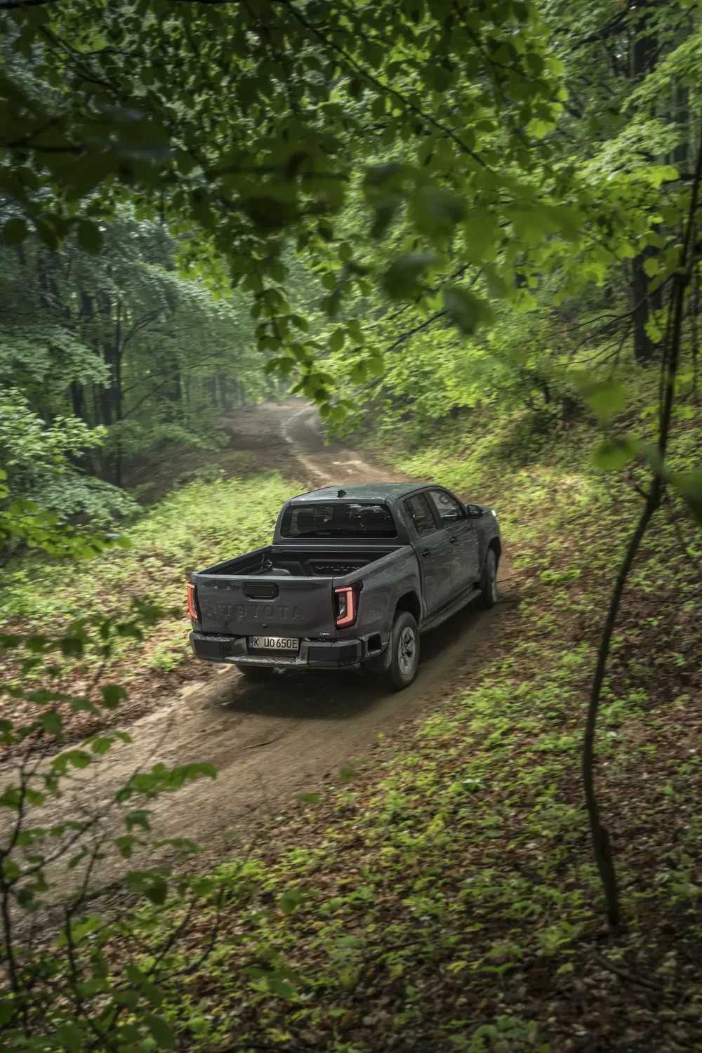 Toyota Tundra sur chemin de terre forestier, entourée de feuillage vert vibrant.