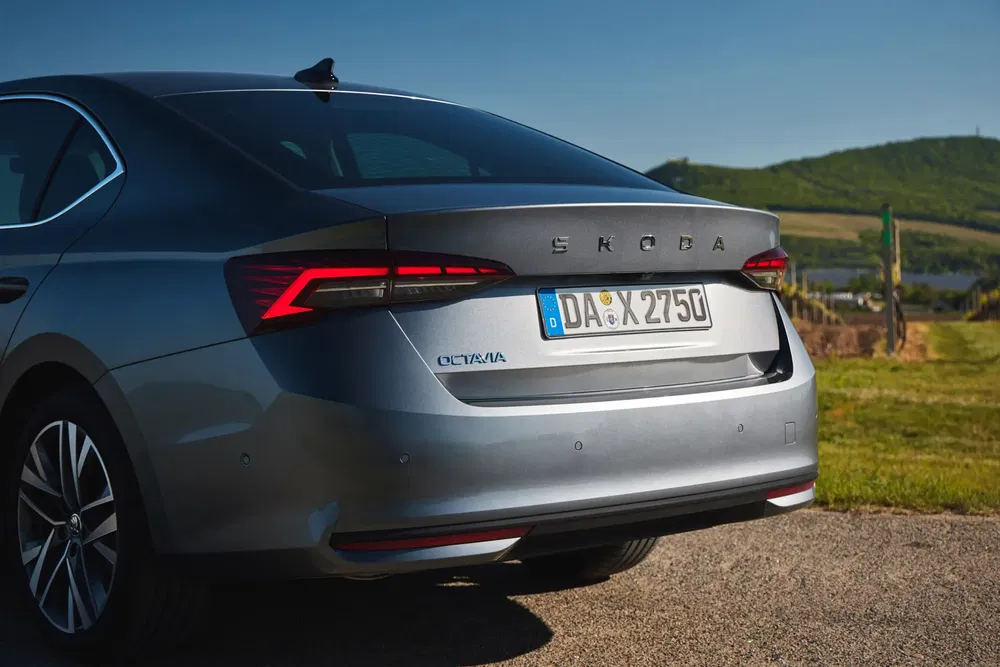 Vue arrière de la Škoda Octavia grise sur route de campagne ensoleillée.